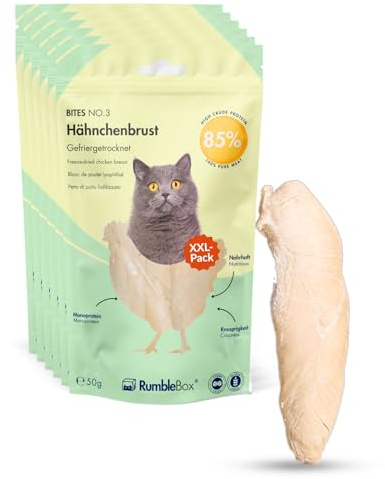 RumbleBox XXL 100% Hühnerbrust Gefriergetrocknete Katzensnacks, Monoprotein Leckerlis ohne Getreide und Zucker für Allergiker, NUR 1 ZUTATEN (Sparbox 6x50g)