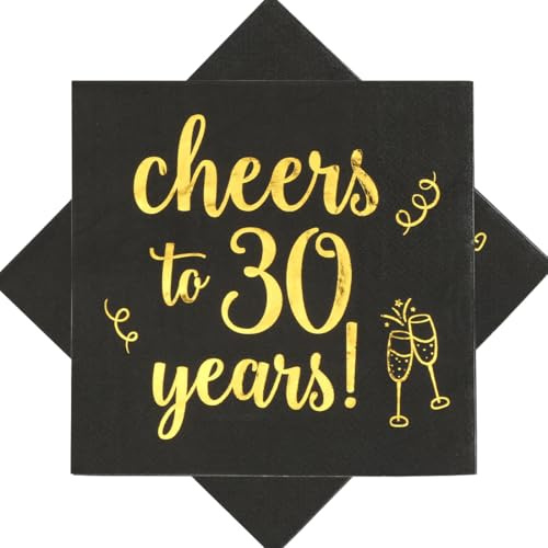 Servietten 30. Geburtstag 40 Stück, Schwarz Servietten Cheers to 30 Years, Cocktailservietten, Tischdeko 30 Geburtstag Papierservietten Mann Frau Party Jubiläum, 3-Lagig, Goldfolien-Aufschrift