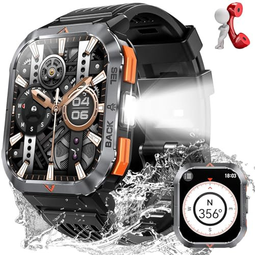 PAKRYS Smartwatch Militare da Uomo con Torcia 3ATM Impermeabile 2.02'' Fitness Tracker con Bussola Batteria da 400mAh con Monitoraggio della Frequenza Cardiaca del Sonno per iPhone Android