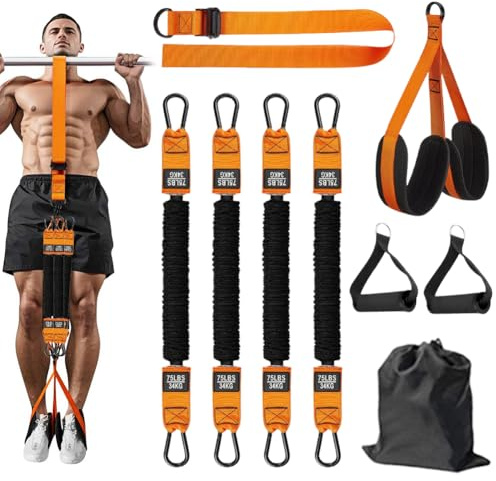 Klimmzughilfe Bänder Set, Klimmzugstange Pull Up Band mit 4 Verstellbar Resistance Bands und 2 Fußstützen, Klimmzugstange Türrahmen Resistance Bands
