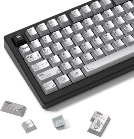 womier Metal Paint Textured Mechanical Keyboard Keycaps, Retro Dye Sub & Double Shot PBT Keycaps 60 75 100 Percent, Cherry Profile Custom Aluminum Keyboard Keys Caps Set 112 Keys, Space Gray