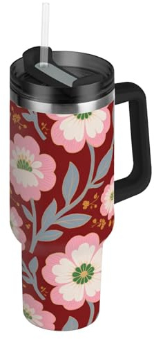 Borraccia in acciaio inox con coperchio a tenuta stagna e cannuccia decorativa, con fiori di ciliegio giapponesi rosa, riutilizzabile, per scuola, sport, asilo nido, campeggio e altro ancora