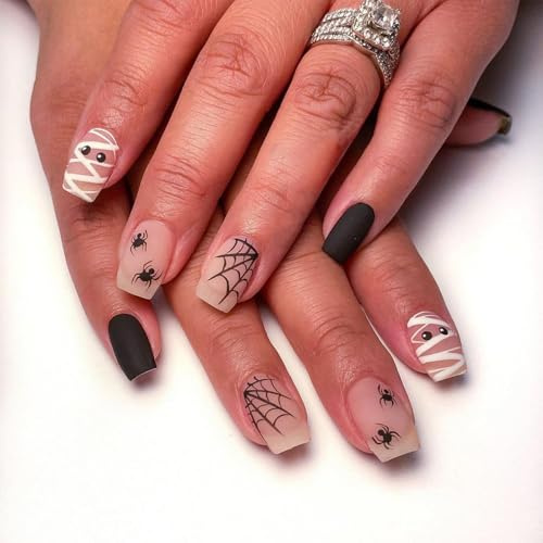 Evadollina Halloween Nägel, 24 piezas uñas postizas con diseño de araña, uñas de Halloween, uñas adhesivas, uñas artificiales adhesivas (Tipo A)