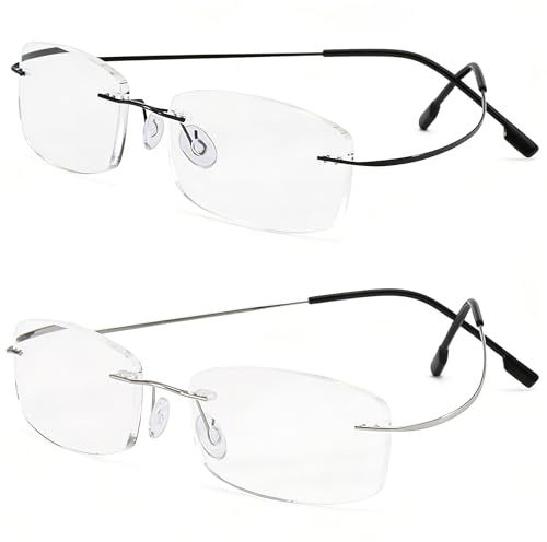 Hubeye Randlose Lesebrille für Herren und Damen Titanium Ultraleicht Metall Komfortable Lesehilfe Anti-Blaulicht Rechteckig Rahmenlose Lesebrillen