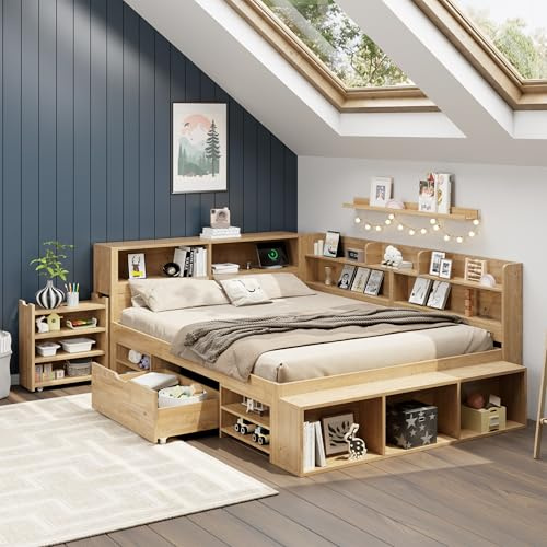 KEYIDE Kinderbett 140x200 cm Doppelbett, Holzbett mit Stauschrank, Bücherregal, Regal und Schubladen, Flachbett Stauraumbett Funktionsbett Jugendbett, Bettgestell mit Lattenrost, Ohne Matratze, Natur