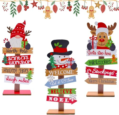 TULEBOLIAN 3 Stück Weihnachten Holz Dekorationen,Weihnachtsbaum für Den Schreibtisch, Weihnachtsmann + Schneemann + Rentier,Deko Aufsteller aus Holz,für Zuhause,Büro,Esstisch,Wohnzimmer, Kaminsims
