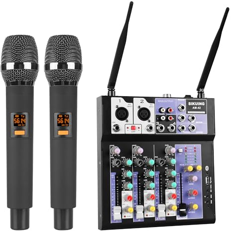 SIKUING Audio-Mixer mit 2 drahtlosen Mikrofonen,4-Kanal professionelles DJ-Mischpult Soundboard mit Bluetooth/USB,48V Phantomspeisung,kompatibel mit Computer,Karaoke,Party,Meeting,Studio Aufnahme