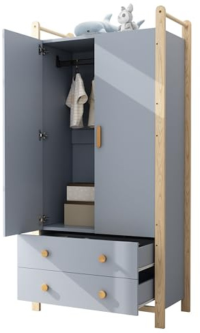Armario de 2 puertas, 90 × 45 × 180 cm, armario con barra para colgar ropa, 2 cajones, adecuado para dormitorio, salón, perchero de pasillo, de madera aglomerada, cuerpo blanco + marco de pino (gris)