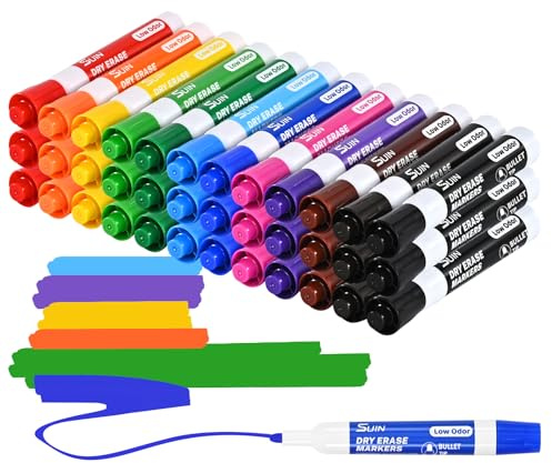 SUIN 36 Whiteboard Marker – 12 Farben je 3 Stifte – Abwischbare Whiteboard Stifte mit 2,7 mm Rundspitze – Geruchsarme Tinte – Großpackung für Schule, Büro & Konferenz