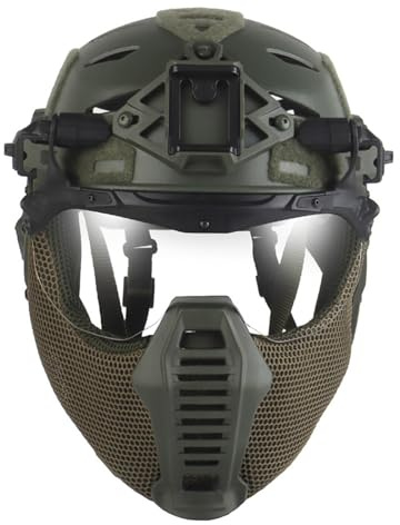 Full Set of Military Airsoft Bump Helmet Gear, Tactical Full Face Steel Mesh Mask, Men Halloween Cosplay Costume, for Outdoor CS CQB Airsoft Paintball Gear(OD)
