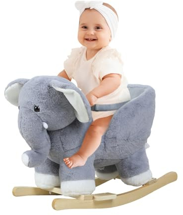 Maixhae Baby Rocking Horse, Elephant Rocking-Horse for Toddlers 1-3, Plush Rocking Animal with Music & Safety Belt, Wooden Base Baby Rocker Chair, First Birthday Gift for Babies Gray Elephant