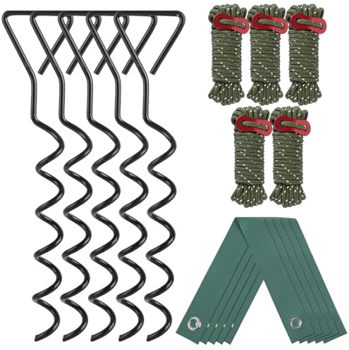 DAJAVE Juego de 5 anclajes de suelo para cama elástica, 40 cm, kit de anclaje para cama elástica con correas y cuerda de 4 m, kit de anclajes resistentes para trampolines, exteriores, columpios