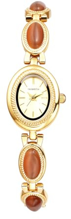 JewelryWe Damenuhr Kleine Ovale Armbanduhr Vintage 3ATM Wasserdicht Analog Quarz Uhr Damen Gold Schmales Metallarmband Elegante Quarzuhr mit Katzenauge Edelsteinen