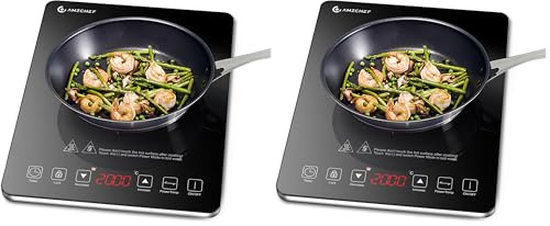 AMZCHEF Single Induction Cooker, Ultra-thin Induction Hob with Fashion Look, 10-level Power and Temperature Control, Black Frosted Glass Panel, Touch Sensor, 3-hour Timer, Safety Lock (Pack of 2)