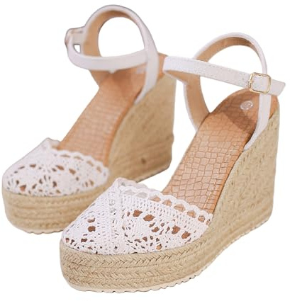 Generiska damsandaler, sommarplatå, damer, stängda sandaler med kilklack – elegant med stängda spets, kilsandaler, halkfria, espadrilla, halmsandaler, bekväma sommarsandaletter, Vit, 34 EU