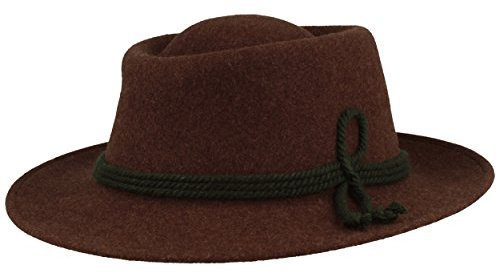 Bred herr-kostymhatt, filthatt, herrhatt, djupbacher – tillverkad av 100 % ull med grön sladduppsättning – Bogart – vattenavvisande, BRUN, 56 cm