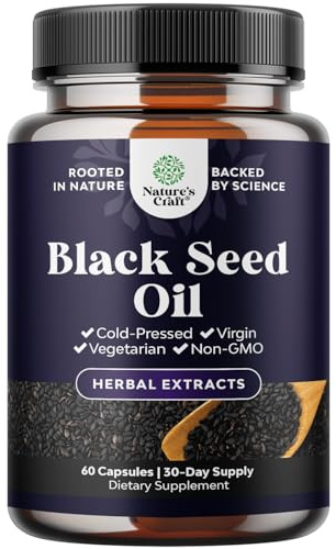 Vegan Black Seed Oil Capsules - Cold Pressed Nigella Sativa Black Cumin Seed Oil Capsules with Omega 3 6 9 Antioxidants & Thymoquinone for Hair Growth Immune Support Joint Health and Digestion - 60ct