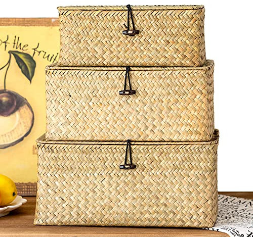 Cesta de Almacenamiento de Ratán de Pasto Marino Rectangular Tejida a Mano para Organizador de Estantes, Organizador de Maquillaje, Contenedor Multiusos con Tapa
