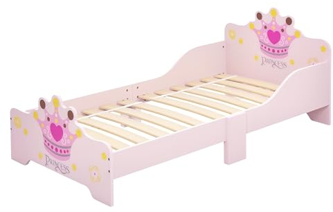 HOMCOM Barnsäng - barnsäng design prinsessmönster krona - ribbotten ingår - MDF rosa plywood