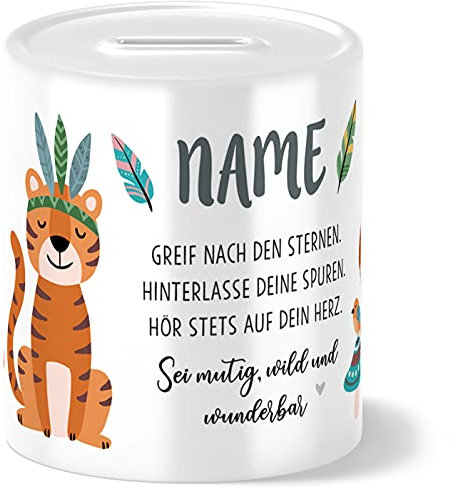 OWLBOOK® Kinder Spardose Tiger | personalisierte Geschenke Konfirmation Jugendweihe Kommunion Firmung Einschulung Geburt Baby Kind | Geburtstagsgeschenke Kinder | Keramik