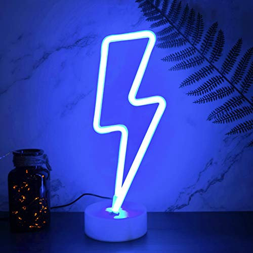 YIVIYAR LED-Leuchten, Lightning Bolt LED-Neonschild mit Sockel, USB-/batteriebetriebenes Neonlichtschild, coole Lampen, blaue Neonlichter, Raumdekoration für Schlafzimmer, ästhetisch, coole Raumdekora