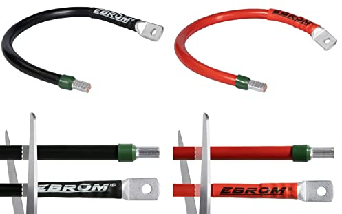 EBROM Batteriekabel rot + schwarz 12/24V Querschnitt: 16 mm² Länge von 30 cm bis 5 m für Stromstärken bis 82A, M8 Kabelschuh + Aderendhülse gegenüberliegend, Verbindung Batterie 16mm2, Länge: 110 cm
