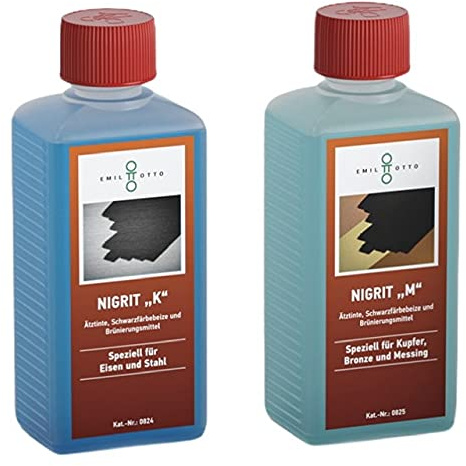 Brünier-Set: 250 g NIGRITK, Kaltbrünieren - Schwarzfärben von Eisen u. Stahl + 250 g Schwarzfärbe-Schnellbeize NIGRITM, zum Kaltbrünieren - Schwarzfärben und Schutz von Kupfer, Bronze und Messing