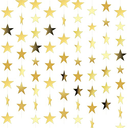 Spakon 65 Feet Glitter Star Paper Garland Banner Hanging Decoration Star Streamers Double Side 2026 Graduation Decorations for Wedding Birthday Festival New Year Party Decoration (Gold)