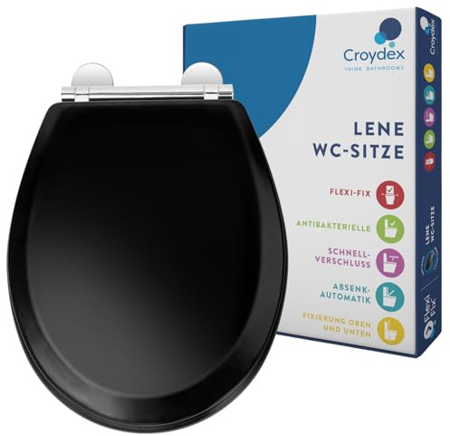 Croydex Lene Flexi-Fix Abattant WC à fermeture amortie Noir mat – Bouton de libération rapide pour un nettoyage facile et charnières réglables pour s'adapter à toutes les toilettes standard avec