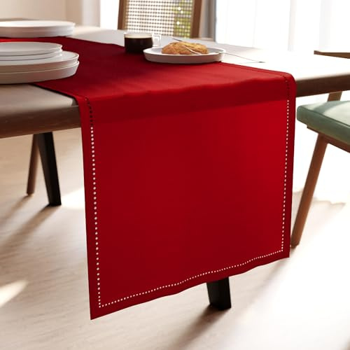 Encasa XO Runner da Tavola in Puro Cotone Orlato 13x91 Rosso | Puro Cotone 180 GSM | Design Orlato Elegante | Lavabile in Lavatrice | Tavolo da Pranzo