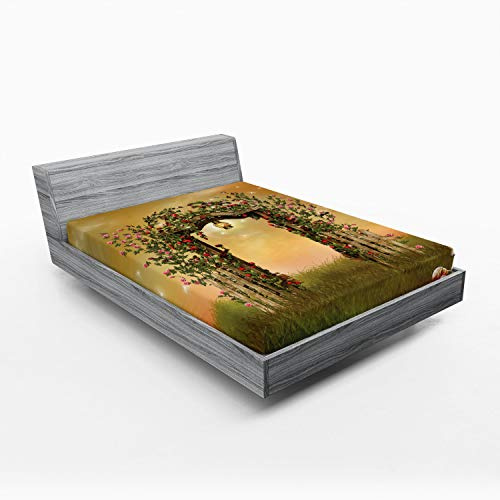 Ambesonne Roses 2 Pack Fitted Sheet, Garden Art with Floral Fence, Bed Cover All-Round Elastic Deep Pockets 2 Pieces, Package Contains 2 Queen Size Fitted Sheets, Pale Brown and Green Brown