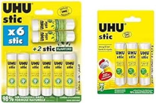 UHU lot 11 stics - Bâton de colle sans solvant, blanche, 9 stics + 2 stics renature