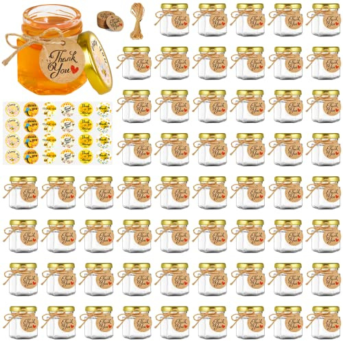 GIVAMEIHF Mini Glass Honey jars-1.5oz,60 pcs Hexagon Small Honey Jars,Bee Stickers,Tags,Jutes Rope,Mini Honey Jars with Lids,Perfect for Jams,Baby Shower,Wedding Favors,Party Favors(No Dippers)