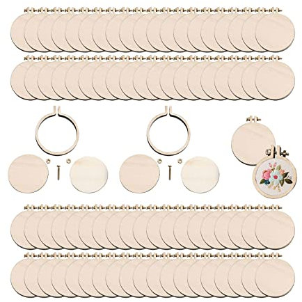 YWNYT 80 Stück Mini-Stickrahmen, Holz-Kreuzstich-Reifen, Holzrahmen, Nähen, Ring, Handwerk, Ornament, runde Holzreifen, runde Ring-Stickerei, Kreis zum Selbermachen, Anhänger, Rahmen