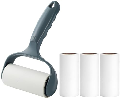 Flat Sticky Lint Roller for Couch Desk Chair Dog/Cat Bed Balliard Table Lint Roller for Pet Hair Lint Remover T Shape Handle with 4 Refill Rolls (Navy Black)