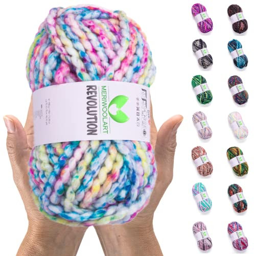 MeriWoolArt Merino Wolle zum Stricken – 75 m Mehrfarbige Dicke Weiche Merinowolle zum Stricken für Pullover Jacken – XXL Handstrickwolle – Voluminöse DIY Wolle für Schals Decken Tücher Geschenke