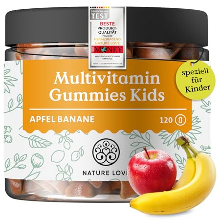 NATURE LOVE® Multivitamin Gummies Kids – 120 Stück – ohne Zuckerzusatz – Mit Vitamin A, B1, B3, B6, B7 (Biotin), B12, E und Jod – Vitamine für Kinder als Gummibärchen – vegan und laborgeprüft