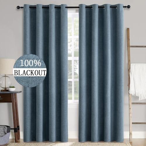 MIULEE Verdunklungsvorhänge mit Ösen, Leinenoptik Blau, 2er Set 245x140cm | Blickdichte Thermovorhänge mit Ösen, Leinenoptik, Wärmeisolierend & Kälteschutz für Wohnzimmer und Schlafzimmer