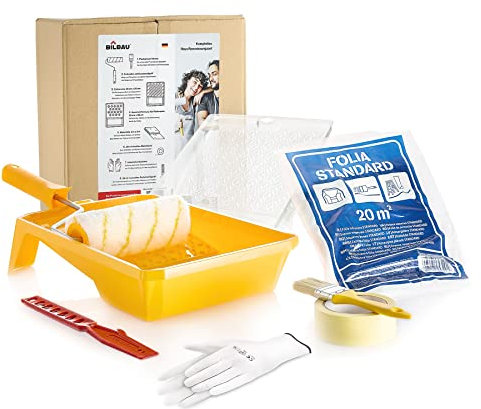 Bilbau Kit Pittura Casa Vassoio Rotolo + Inserto Telone Carta Nastro 4131X Guanti in Poliestere Maglia senza cuciture EU Standard Agitatore Pennello Piatto Set Completo Pittori Interni