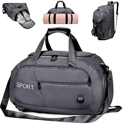 LEcylankEr Sporttasche Groß mit Rucksack Funktion, 40L Wasserdicht Reisetasche mit Schuhfach Nassfach für Herren Damen, Multifunktional Sporttaschen Gym Bag Schwimmtasche Trainingstasche (grau)