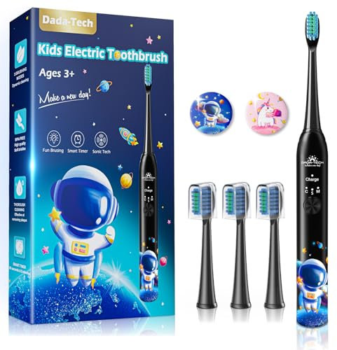 Kids Electric Toothbrush 3-5-6-12 Rechargeable Childrens Electric Toothbrush with Timer 3 Modes Habit-Forming Stickers 31000VPM Power for Boys Junior Kids Sonic Toothbrush (Astronaut Black)