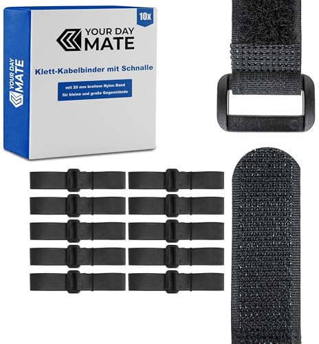 Klett-Kabelbinder mit Schnalle, 10 Stück, 50 cm Länge, in Schwarz, Kabelklett aus Nylon, Schnallenklettband, wiederverschließbare Kabelorganisation, Kabelbinder Klett Verschluss, Klemme Kabel Band