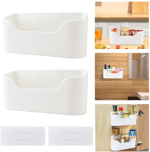 Mezzar Kitchen Cabinet Organiser, Pack of 2, Self-Adhesive Wall Mounted Storage Box, White Plastic, Small Items, Kitchen Cabinet Organiser Systems