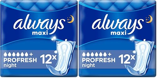Always Maxi Serviettes Hygiéniques, ProFresh Night, 12 Serviettes Sans Ailettes, Flux Très Abondants Nuit, Cœur Ultra Absorbant et Neutralisation des Odeurs (Lot de 2)