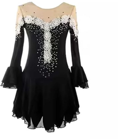 Damen Eiskunstlauf Kleid Glitzer Strasssteine Langarm Rollschuhkleid Ballett Trikotanzug Tanz Leotard