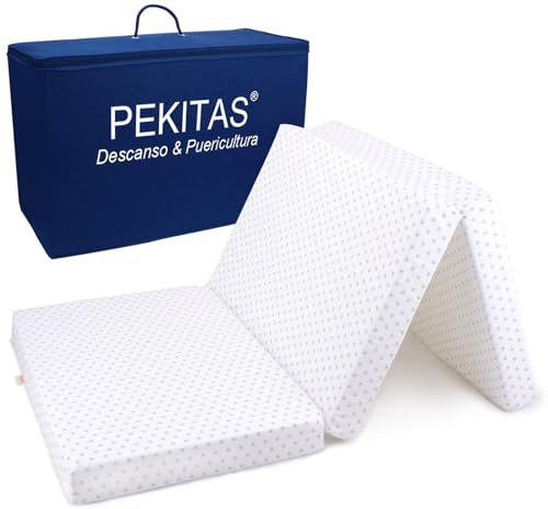 PEKITAS Colchón Cuna de Viaje Plegable 120x60 cm, 6 cm de Grosor, Bolsa de Transportes Incluida, Funda Desmontable Lavable, Colchoneta Espuma Colchón Parque Cuna Infantiles Suelo