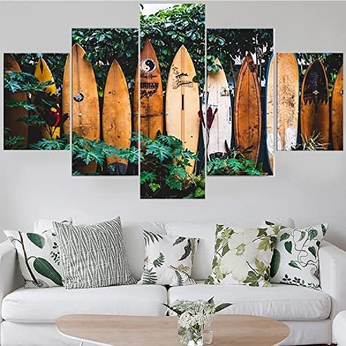 Leinwandbild 5-Teilig Surfbrett Naturlandschaft (Xxl/Mit Rahmen 200 X 100 Cm) Bild Wanddeko Wand Bild Kunstdruck Deko Wohnzimmer Wohnzimmer Schlafzimmer Büro Hotel Wandkunst Wandbild Poste -7S8G/K6Y