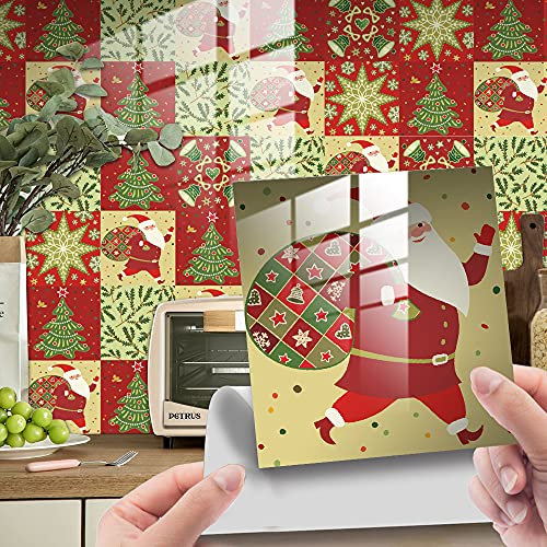 Fliesenaufkleber Roter Weihnachtsstil Selbstklebende Klebefliesen, Wandfliesen Aufkleber,Wasserdicht Fliesensticker Fur Kuche Badezimmer Dekorative Stickerfliesen,Wohnzimmer Dekoration15X15Cm