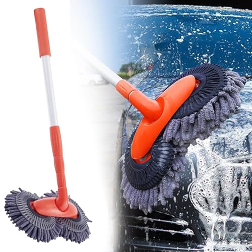 LAUFUY Rotierender Auto Mop, Autowaschbürste mit langem Griff, Flexibler Teleskop-Doppelkopf-Autowaschmopp, Mikrofaser-Windschutzscheibenreiniger, Wohnwagen-Zubehör für Autowäsche, Wischen