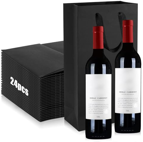 Geschenktüten Flaschen für 2 Weinflaschen, SHAIDOJIO Schwarz Geschenktüten für Wein Bulk, Kraftpapier Weinflaschenbeutel mit Griff für Party Weihnachten Business Hochzeit (Schwarz-24pcs)